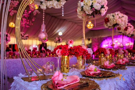 Beautiful decorations on the tables of a wedding reception in our Event Center